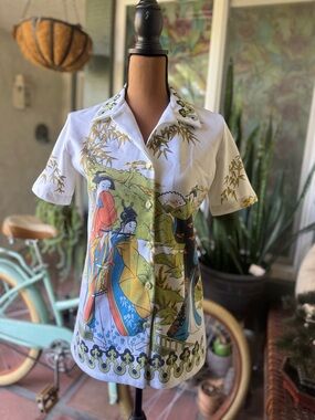 Vintage 60’s Japanese Geisha Print Nos Judy Ann Blouse - not label